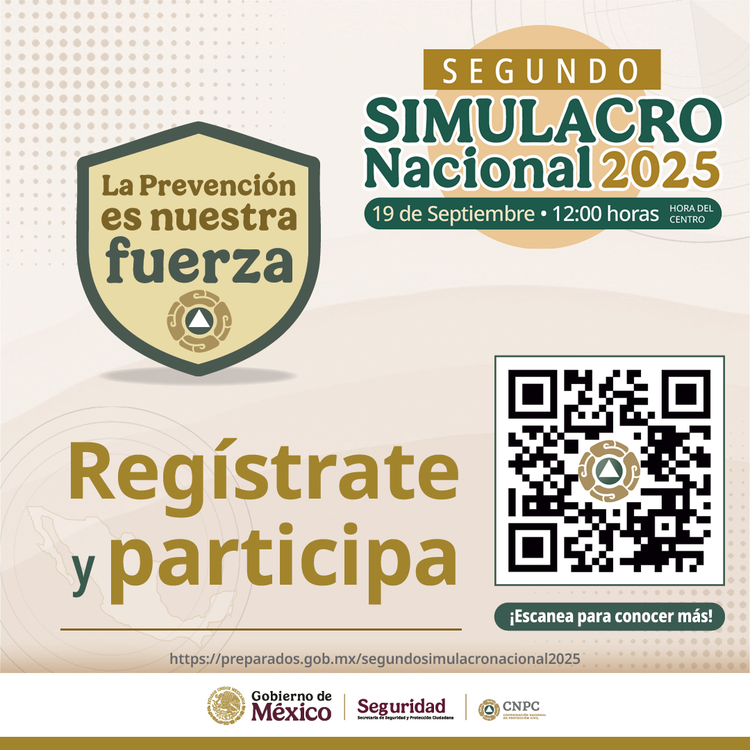 ¡Participa en el #SegundoSimulacroNacional2025 🚨📢 e incrementa tu cultura de autoprotección!

Registra tu inmueble en:
🔗 preparados.gob.mx/segundosimulac… y obtén una constancia de participación.