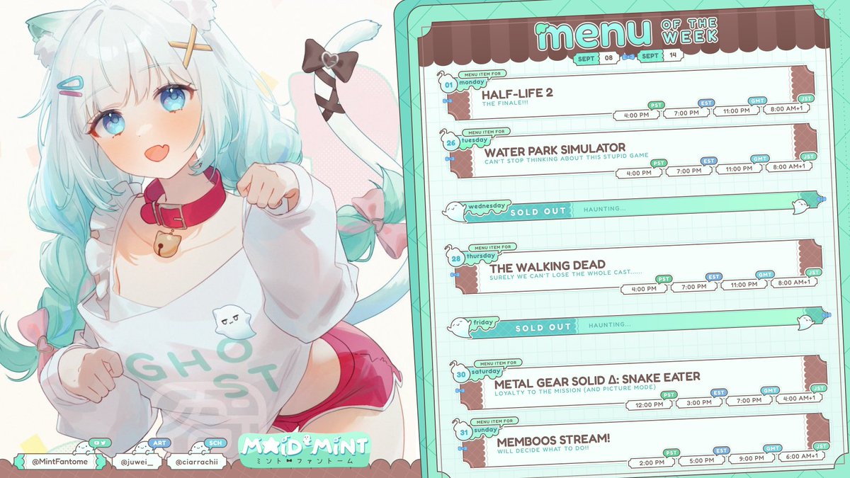 IKZ SCHEDULE!!!👻✨ Sept 8-14
Finishing up 2 games this week!! YIPPEE

🎨Art⇒ #Fantography
▶️Livestream⇒ #ミントLIVE / #MintoLive
👻General⇒ #ミント心霊写真
❗️Plushie⇒ #Mintogo 
🔞⇒ #FreakFantome
#MintFantome