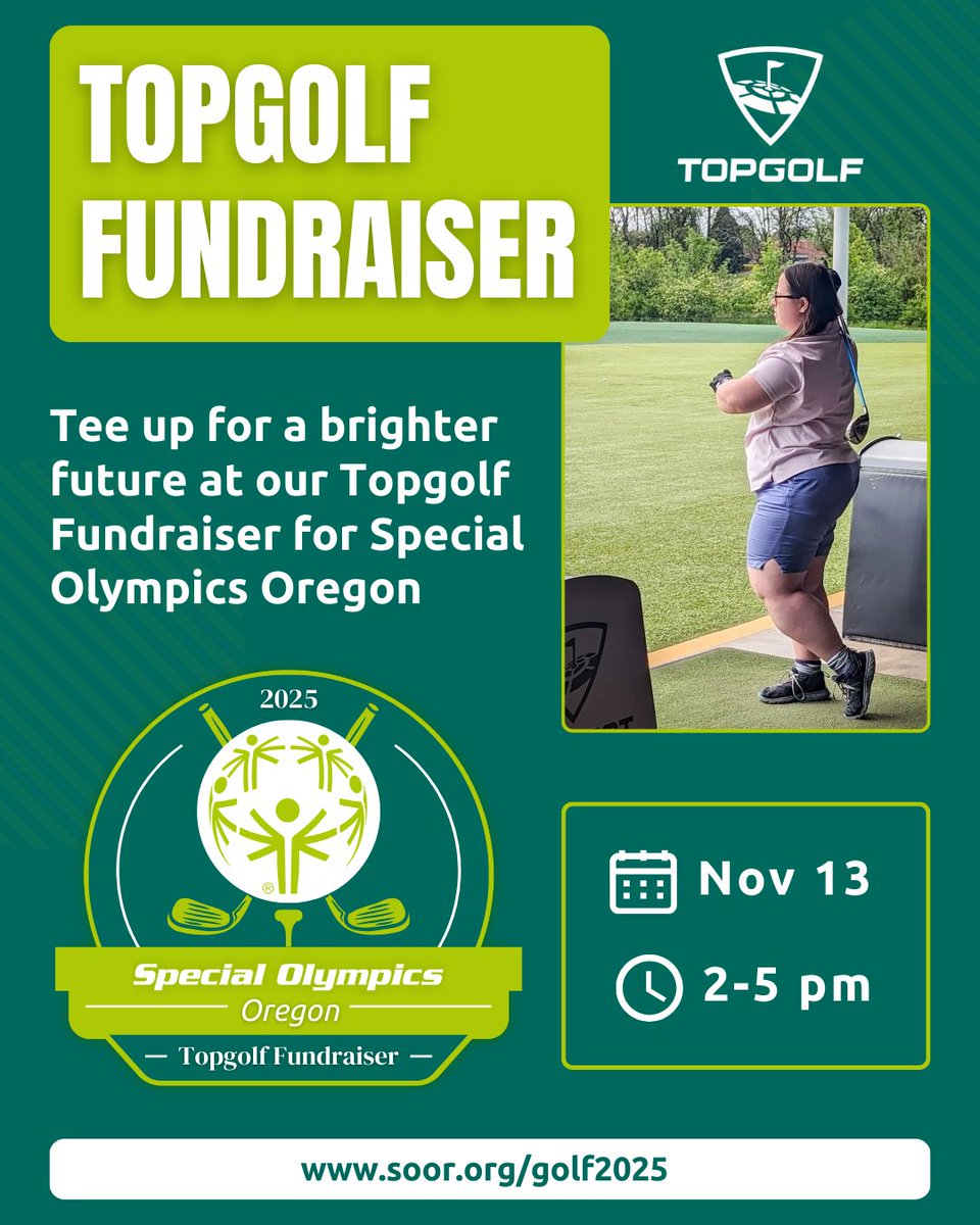 Spots are filling up fast! ⏳ Reserve your bay for just $1,000 — includes space for 6 people, plus all food &amp; drinks! 🍴🥤 Don’t miss this amazing opportunity to support Special Olympics Oregon at our Topgolf Fundraiser on Nov 13, 2–5 PM. ⛳ soor.org/golf2025