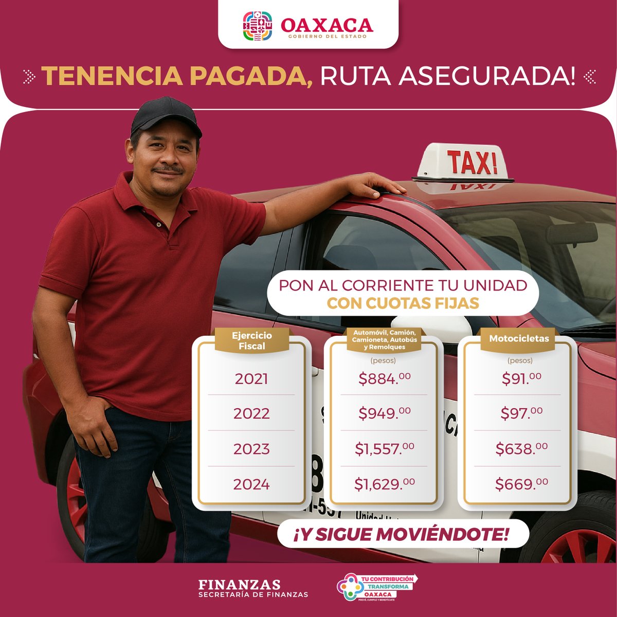 Sabemos que tu unidad ¡no puede detenerse! 🚖
Por eso, si tienes Tenencias atrasadas, ahora puedes regularizarte fácilmente con Cuotas Fijas.
✅ Sigue trabajando sin interrupciones
✅ Evita sanciones
✅ Sin trámites complicados
#Tenencia2025 #TuContribuciónTransformaOaxaca