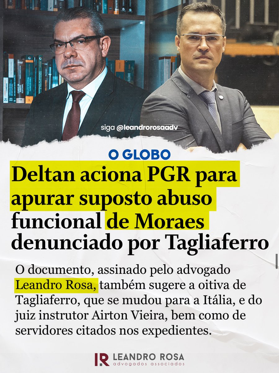 🚨 Acionamos a PGR contra Moraes, pedindo uma investigação imediata sobre as alegações de Eduardo Tagliaferro, ex-assessor de Moraes, de que o ministro fraudou documentos para justificar uma operação contra empresários bolsonaristas.

📌 Eduardo Tagliaferro, em audiência no