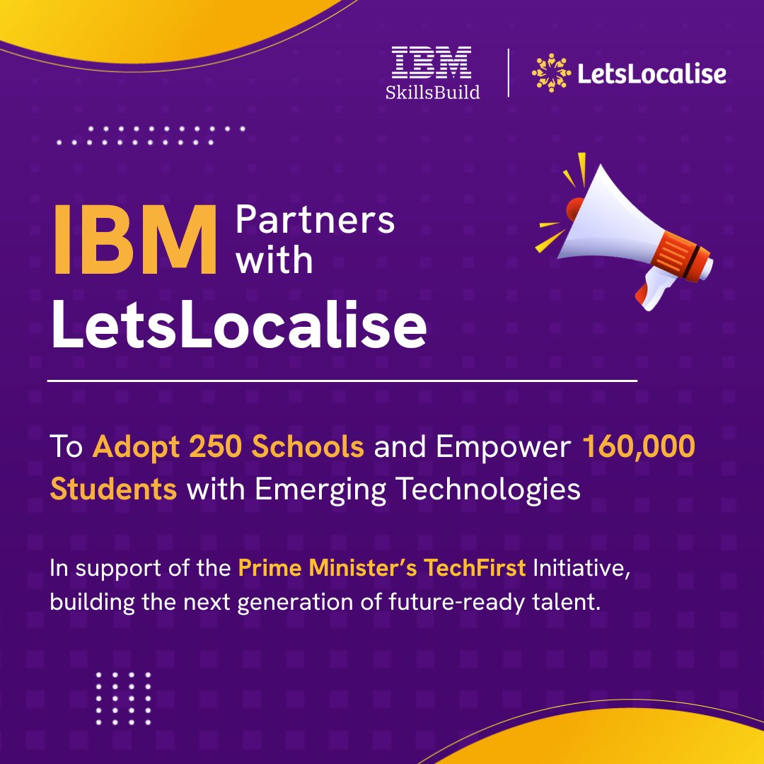 LetsLocalise's tweet image. The Wait is Over! ​  

We’re thrilled to announce a powerful new partnership between LetsLocalise and @IBM  joining forces to adopt 250 secondary schools across the UK! ​  

To support Prime Minister’s #TechFirst initiative, this groundbreaking partnership will equip 160K…