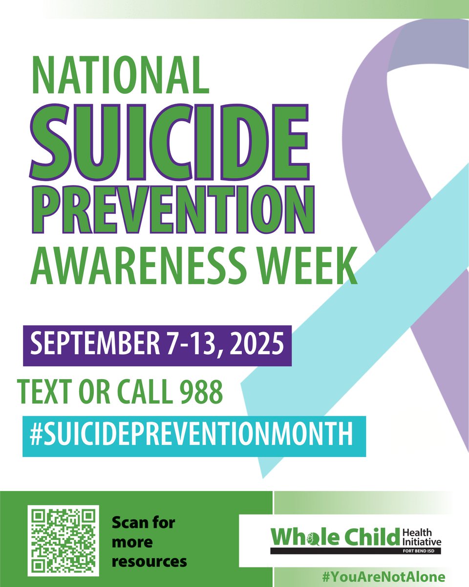 This week is National Suicide Prevention Awareness Week 🎗

Fort Bend ISD is committed to developing the Whole Child by supporting the mental, behavioral, social, emotional and physical health of all students. To ensure every student receives the care they need, FBISD offers a