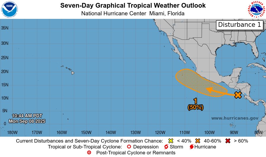 🟠AUMENTAN LAS PROBABILIDADES EN LA NUEVA ZONA DE POSIBLE DESARROLLO SOBRE EL PACÍFICO ESTE

Una onda tropical que ingresa al Pacífico Este desde Centroamérica se pronostica que generará un área de baja presión a mediados o finales de esta semana, frente a la costa del sur o