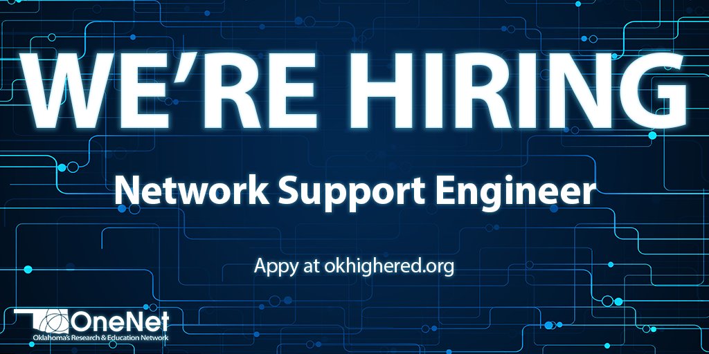 OneNetOK's tweet image. #NowHiring Join our team! OneNet has an opening in our Network Operations Center for a Network Support Engineer! 

Great team, benefits &amp;amp; tuition reimbursement! Learn more: osrhe.peopleadmin.com/postings/1128 

#TechJobs #WorkOnTheInternet