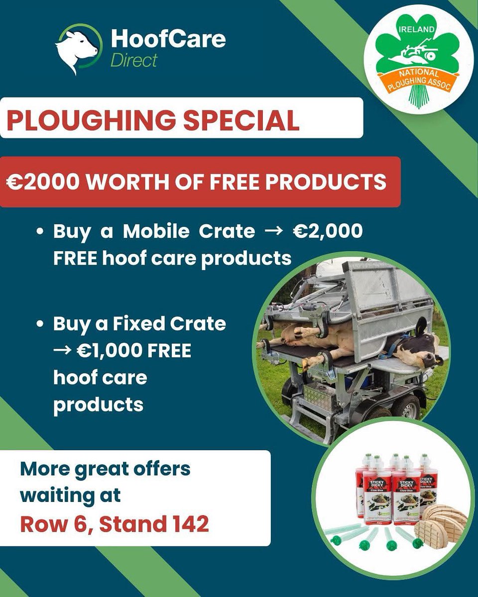 Inspect_4's tweet image. Massive Ploughing 2025 Offers never as big before!!  
You can find us at Row 6, Stand 142 for this limited-time deal (and more great offers waiting!)

⚡ Limited stock available with this deal 

#Ploughing2025 #HoofCareDirect #HoofTrimming #DairyFarmers  #NationalPloughing