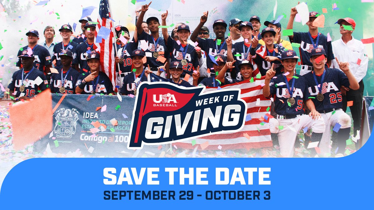 USABaseball's tweet photo. Save the Date! ⏰ USA Baseball's Week of Giving is just a few weeks away. Get ready as we continue to look back at some of our finest moments before we move forward together 🫡 https://t.co/e3T4qd2d7G