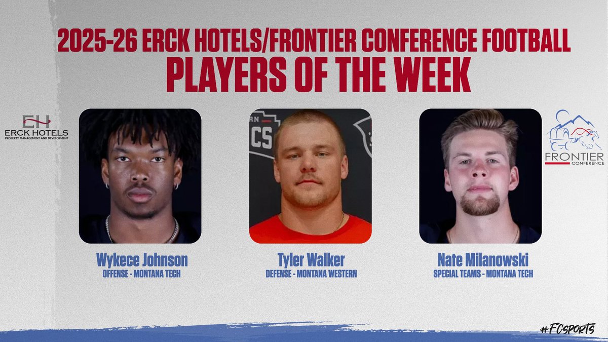 🏈:  Congrats to this week's 2025 Erck Hotels/Frontier Conference Players-of-the-Week!

Offense:  Johnson (<a href="/DiggerAthletics/">Montana Tech Athletics</a>)
Defense:  Walker (<a href="/UMW_Bulldogs/">UMW Bulldogs</a>)
Special Teams:  Milanowski (<a href="/DiggerAthletics/">Montana Tech Athletics</a>)   

Read more ➡️ tinyurl.com/45xxp2kk

#FCsports I #TheRightWayToPlay