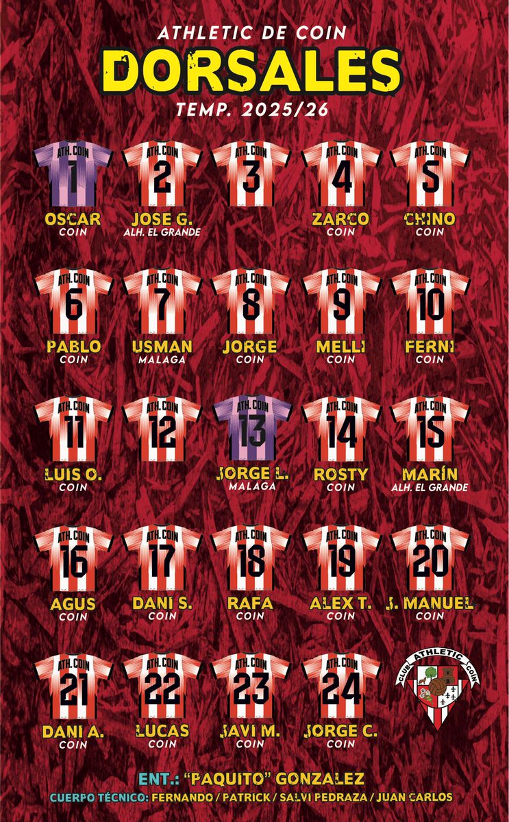 Éstos son los dorsales que vestirán nuestros jugadores está temporada.

Una plantilla repleta de jugadores coinos que se dejarán la piel para conseguir el objetivo.

Primer partido liguero , este fin de semana visitando al Atlético Juval.

¡ Vamos Athletic!