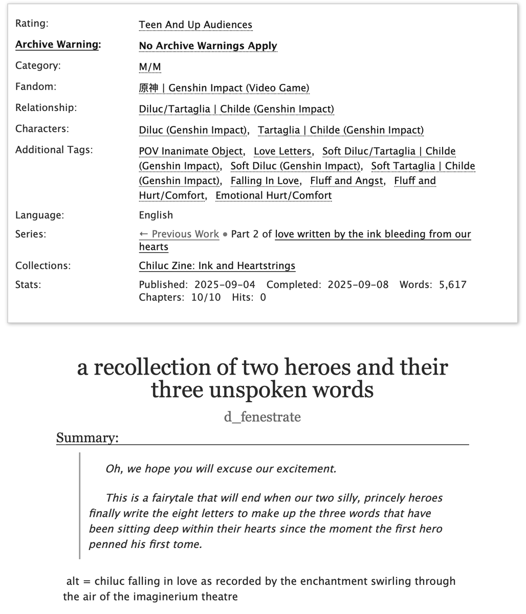 a recollection of two heroes and their three unspoken words
🪄 canonverse #chiluc, inanimate objects pov  
✍️ 5.6k words, 10 chs, rated t  
💌 part of my "love written by the ink bleeding from our hearts" series

🦉written for <a href="/ChiluccZine/">Chiluc Zine: Ink and Heartstrings</a> 🐳
links⬇️
