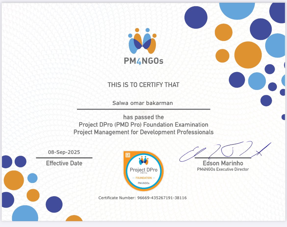 أهلًا بكِ في عالمنا🌿

الحمدلله حصلت على شهادة 
المحترف في #إدارة_المشاريع_التنموية
بعد اجتياز اختبار الشهادة المهنية الدولية الاحترافية في #إدارة_المشاريع_التنموية  في قطاع التنمية Project DPro

#إدارة_المشاريع_التنمويه
 #PMD_Pro