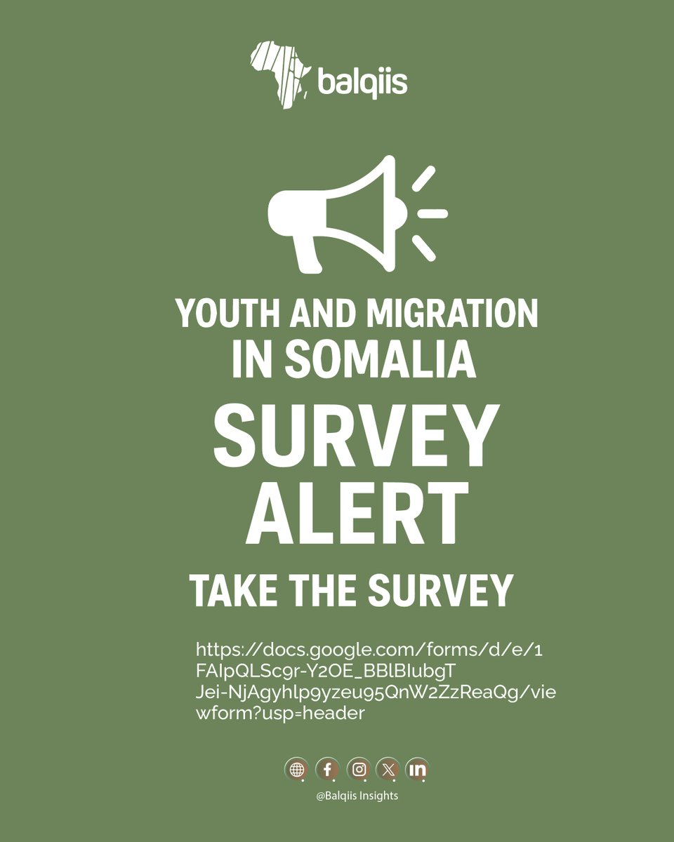 Balqiis Insights (@balqiisinsights) on Twitter photo <a href="/BalqiisInsights/">Balqiis Insights</a> invites you to join our 5-min survey on Somali youth & migration. 🗣️
Too many young Somalis face tough choices—migration or uncertain futures at home.
Your voice can help change that.
👉 Take the survey here: docs.google.com/forms/d/e/1FAI…
#Somalia #Youth #Migration <a href="/BalqiisInsights/">Balqiis Insights</a> invites you to join our 5-min survey on Somali youth & migration. 🗣️
Too many young Somalis face tough choices—migration or uncertain futures at home.
Your voice can help change that.
👉 Take the survey here: docs.google.com/forms/d/e/1FAI…
#Somalia #Youth #Migration