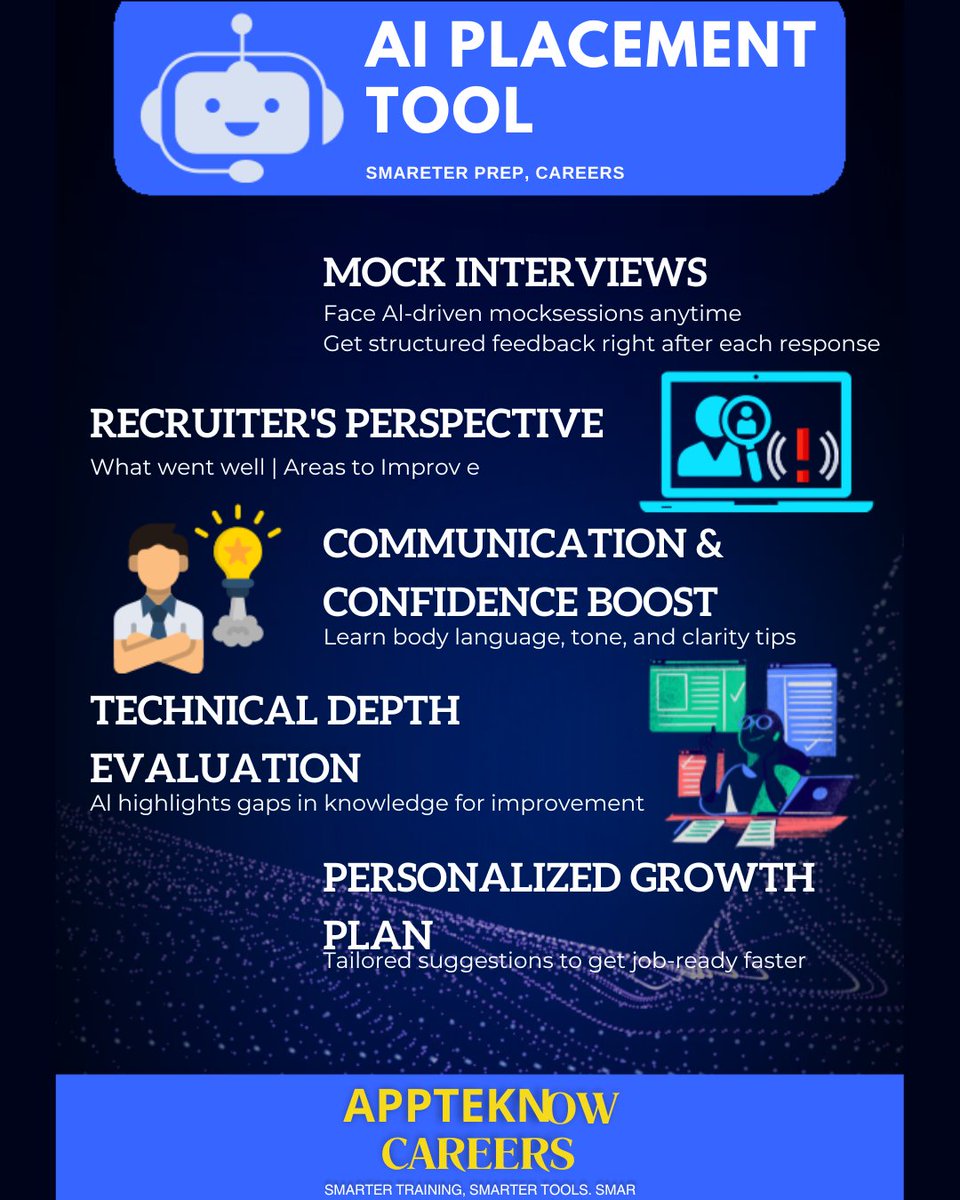 CoursesAptech's tweet image. 🚀 Ace Your Interviews with AI Placement Tool!
Mock interviews, recruiter-style feedback, communication boost, and personalized growth plans – everything you need to land your dream job faster! 💼✨

#AIPlacement #MockInterviews #CareerSuccess #JobReady #AppteknowCareers