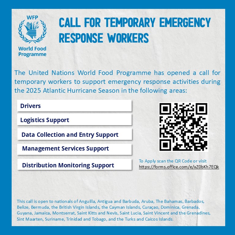 wfp_Caribbean's tweet photo. 🚨  Now Hiring: Emergency Response Workers
For   this peak hurricane season, @wfp_Caribbean  is calling for short-term   candidates to support rapid emergency operations.
Fast-track   recruitment for fast action.
Apply  now ! https://t.co/FScX6BH5IQ