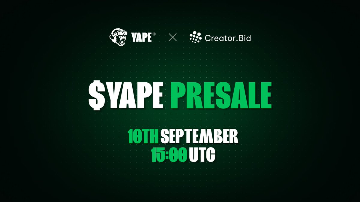 Get Ready for the $YAPE Token Launch! 🦍

The $YAPE presale officially kicks off on September 10th at 15:00 UTC on <a href="/CreatorBid/">Creator.Bid 🕵️🗝️</a> 

The first launch on <a href="/BNBCHAIN/">BNB Chain</a> curated by <a href="/cryptokevin2011/">Kevin</a> 

Set your reminders and join here→creator.bid/agents/68af15e…