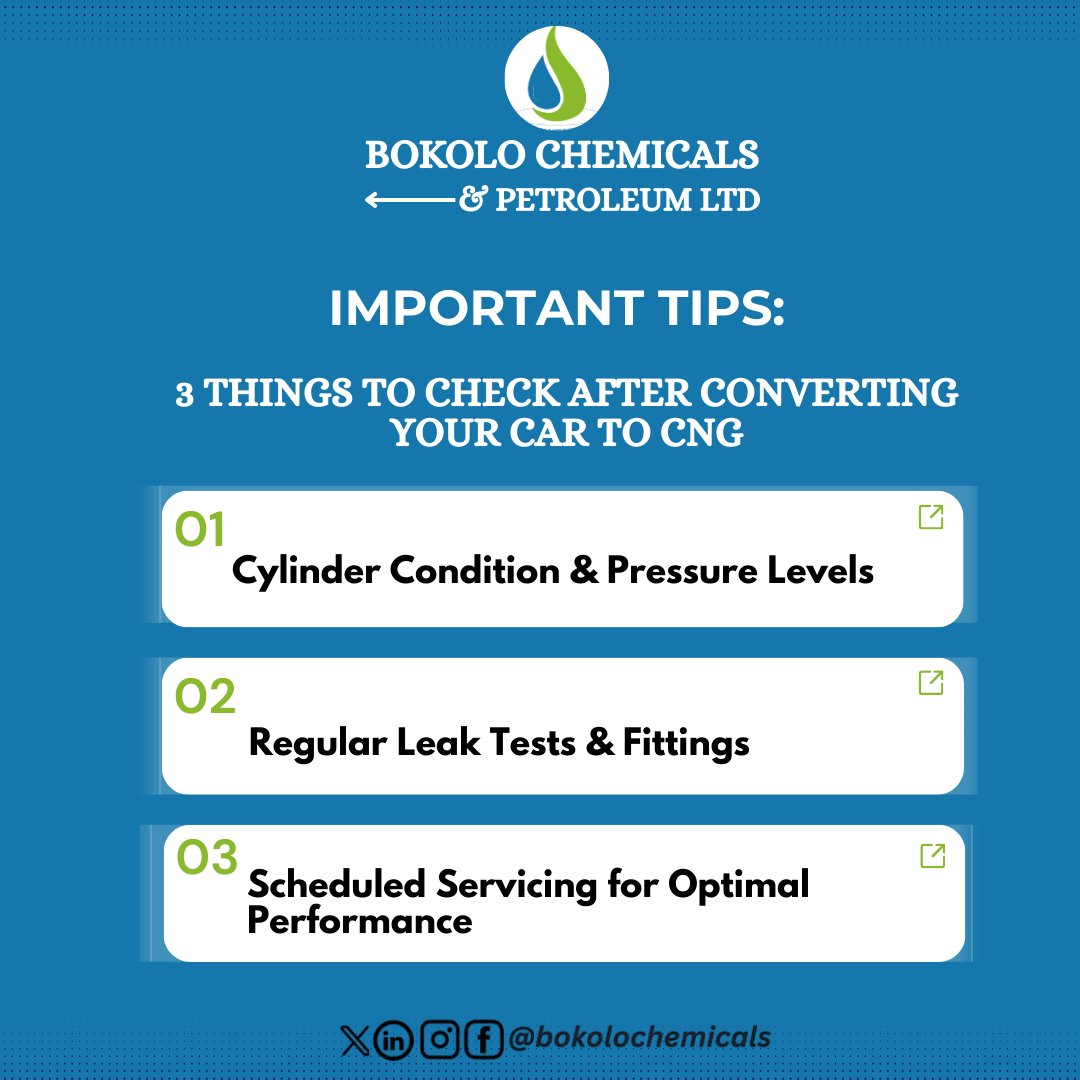BokoloChemicals's tweet image. Converted your car to CNG? 🚘💨
Here are 3 quick checks to keep it safe &amp;amp; efficient:
1️⃣ Cylinder pressure
2️⃣ Leak tests
3️⃣ Regular servicing

Go CNGYena with Bokolo Chemicals &amp;amp; Petroleum Ltd.

#CNGConversion #BokoloEnergy #CleanEnergy