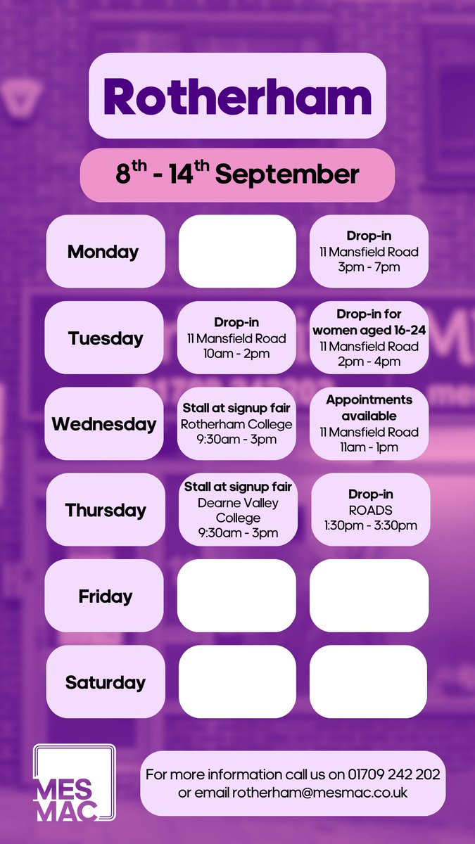 Rotherham MESMAC (@mesmacrotherham) on Twitter photo Time to get up to date with your sexual health? Here's where to find us across #Rotherham this week 👇
Plus info about volunteering with us at the Signup Fair for <a href="/RotherhamColl/">Rotherham College</a> and <a href="/DVCollege/">DearneValleyCollege</a> Time to get up to date with your sexual health? Here's where to find us across #Rotherham this week 👇
Plus info about volunteering with us at the Signup Fair for <a href="/RotherhamColl/">Rotherham College</a> and <a href="/DVCollege/">DearneValleyCollege</a>
