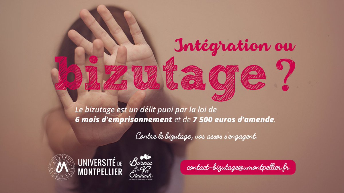 #Bizutage 🙅 Le bizutage est un délit qui consiste à amener une personne à subir ou à commettre des actes humiliants ou dégradants. Il est puni de 6 mois d’emprisonnement et de 7500€ d’amende.    

Victime ou témoin ?
<a href="/umontpellier/">Université de Montpellier</a> vous accompagne 👉 umontpellier.fr/campus/vie-ass…