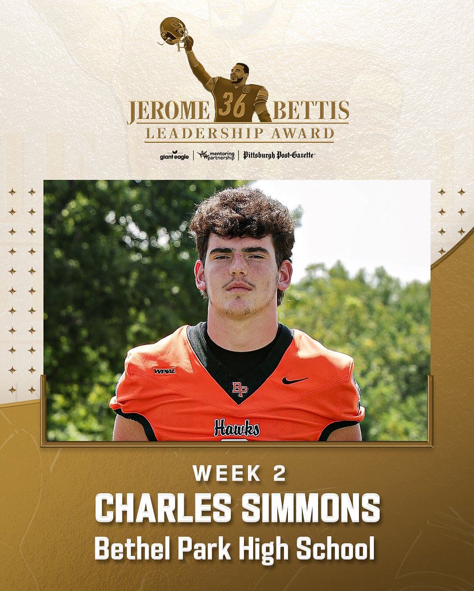 Bethel Park Athletics (@bp_blackhawks) on Twitter photo Our own Charlie Simmons has been honored with the #Steelers Jerome Bettis Leadership Award, which recognizes high school football players who support their teammates and community. #MentoringAmplifies
<a href="/JeromeBettis36/">Jerome Bettis</a> <a href="/SteelersYouthFB/">Steelers Youth Football</a> <a href="/MentoringPGH/">The Mentoring Partnership</a> <a href="/PittsburghPG/">Pittsburgh Post-Gazette</a> <a href="/GiantEagle/">Giant Eagle, Inc.</a> Our own Charlie Simmons has been honored with the #Steelers Jerome Bettis Leadership Award, which recognizes high school football players who support their teammates and community. #MentoringAmplifies
<a href="/JeromeBettis36/">Jerome Bettis</a> <a href="/SteelersYouthFB/">Steelers Youth Football</a> <a href="/MentoringPGH/">The Mentoring Partnership</a> <a href="/PittsburghPG/">Pittsburgh Post-Gazette</a> <a href="/GiantEagle/">Giant Eagle, Inc.</a>