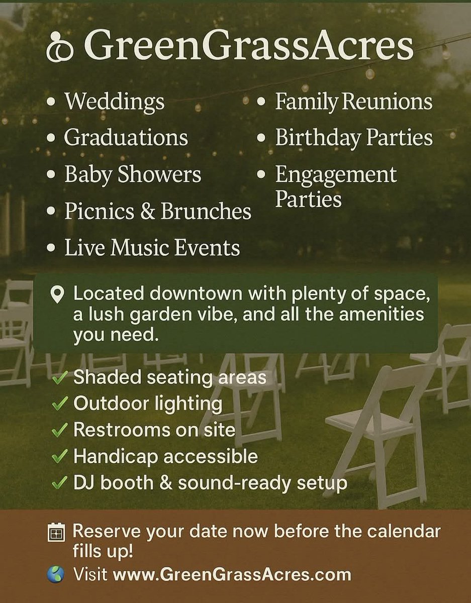GreenGrassAcres 🌿
Once Mississippi’s first minority-licensed hemp farm, now a one-of-a-kind outdoor event venue in Downtown Jackson. From weddings and birthdays to concerts, church functions, and community gatherings — this is where memories are harvested together. ✨