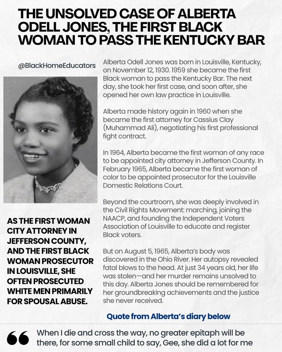 AttorneyCrump's tweet image. Alberta Odell Jones broke barriers in the courtroom and was deeply involved in the Civil Rights Movement, only to have her life violently stolen at 34. She gave everything for justice, yet never received her own. We must keep her legacy alive.

📷: blackhomeeducators/Instagram