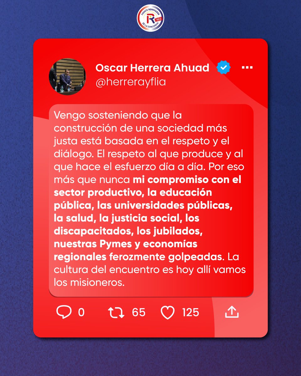 💬 El respeto y el diálogo son la base de una sociedad más justa.
Oscar Herrera Ahuad reafirma su compromiso con quienes producen, con quienes enseñan, con quienes trabajan y hacen esfuerzo todos los días.
Siempre del lado de nuestra gente.
#FrenteRenovadorNeo #GestiónQueCuida