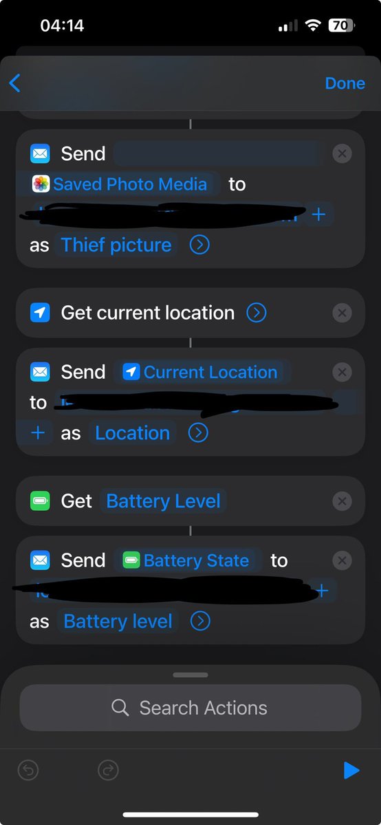 block_hacks's tweet image. Just found out you can set up an iPhone automation in case it’s stolen 👀

📸 takes a pic with the front cam
📍 sends location
🔋 includes battery level
📨 emails it all to you

Basically your phone snitches on the thief 😂🔥