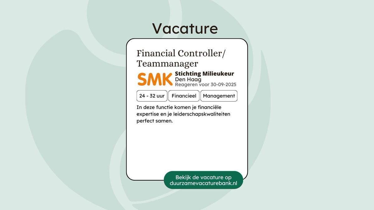 Als Financial Controller/Teammanager bij SMK ben je verantwoordelijk voor de financiële administratie, ICT en administratieve organisatie én geef je leiding aan de afdeling Boekhouding en Secretariaat (vijf collega’s).

Meer weten? 👉 duurzamevacaturebank.nl/vacature/smk-s…

#vacature