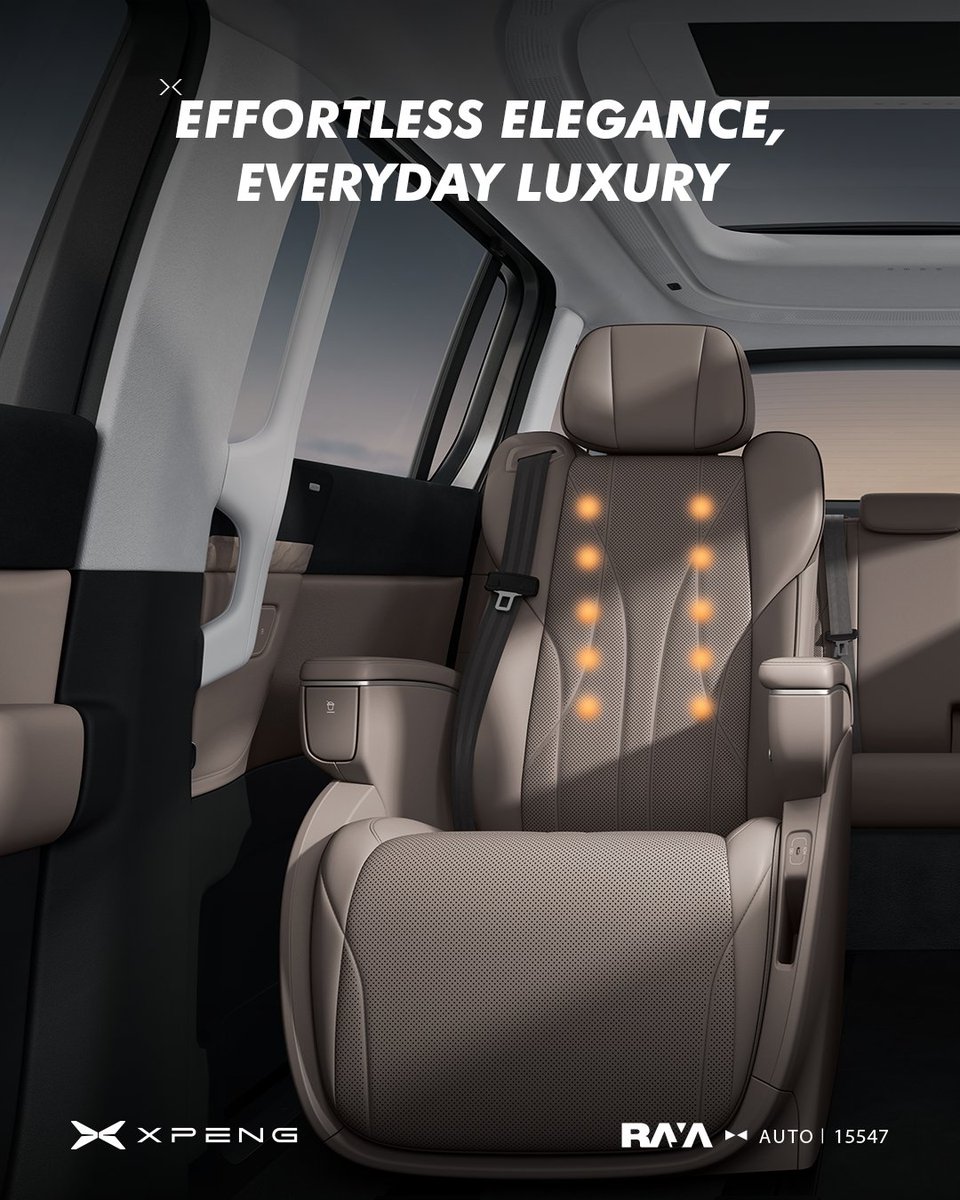 Sit back, relax, and let innovation take care of your comfort. 

Every ride feels first-class with XPENG.

For test drives and more, call us at 15547.

#XPENGEgypt #XPENG #RayaAuto #Luxury