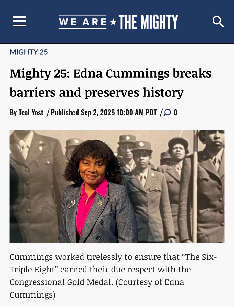 SixTripleEight's tweet photo. #Kudos to COL (Ret.) Edna Cummings @CCLLC2008 
on her selection as a #Mighty25 @WeAreTheMighty.
She worked tirelessly to ensure that “The Six Triple Eight” earned their due respect with the Congressional #GoldMedal.
The 6888th Battalion solved the military’s mail and morale crisis in Europe during #WWII 
https://t.co/pXdyplfrAq