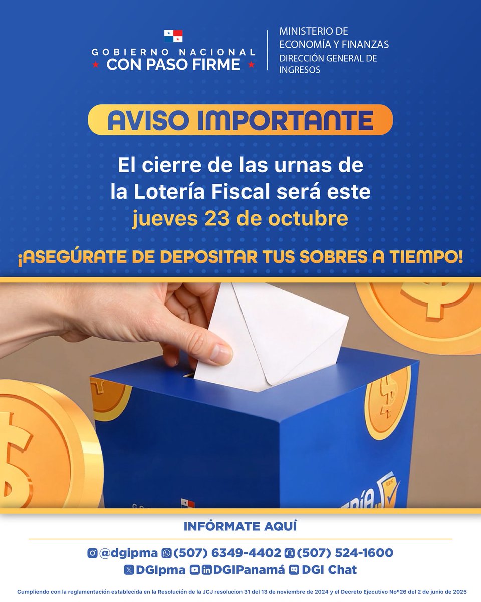 ¡Participa del segundo sorteo de la Lotería Fiscal! Las facturas válidas serán las emitidas del 28 de agosto al 23 de octubre.

Recuerda que al colocar las 5 facturas dentro de un sobre cerrado, debes escribir en la parte frontal la siguiente información:

Nombre completo

Número