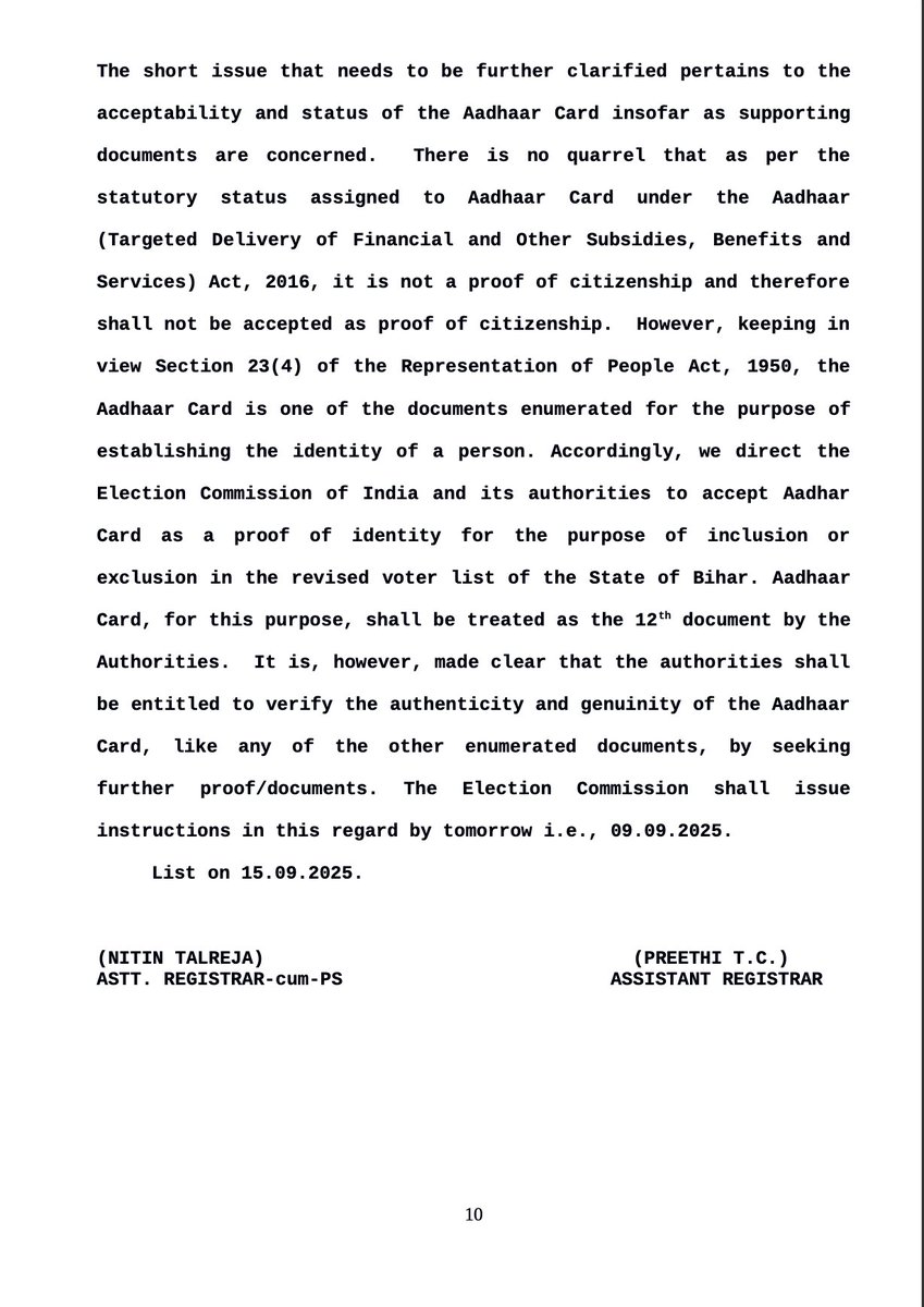 Live Law (@livelawindia) on Twitter photo #BREAKING Supreme Court uploads the order directing the Election Commission of India to accept Aadhaar card as a "12th document" as a proof of identity, in addition to the eleven documents specified for the Bihar SIR exercise.
#BiharSIR #Bihar #ElectionCommission #BREAKING Supreme Court uploads the order directing the Election Commission of India to accept Aadhaar card as a "12th document" as a proof of identity, in addition to the eleven documents specified for the Bihar SIR exercise.
#BiharSIR #Bihar #ElectionCommission