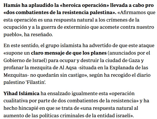 FroilLannister's tweet photo. Hoy Hamás ha realizado dos comunicados.

Uno para aplaudir a los dos terroristas que han entrado en un autobús en Jerusalén y han disparado y asesinado a seis personas, entre ellos un español.

Y otro para aplaudir a Pedro Sánchez por sus medidas contra Israel.

Los aplausos de Hamás.