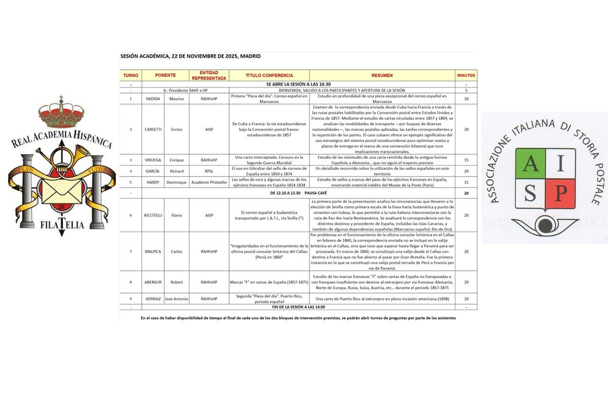 AISP1966's tweet image. SESSIONE #ACCADEMICA 22 NOVEMBRE 2025 A #MADRID

#Programma: dalle ore 10.30 presso il #Museo de la Casa de La Moneda, Calle del Doctor Esquerdo 36 (metro O'Donnell)

#stamp #sello #timbre #briefmarken #filatelia #philatelie #philately #francobollo #aisp #rahfhp #espana #spagna