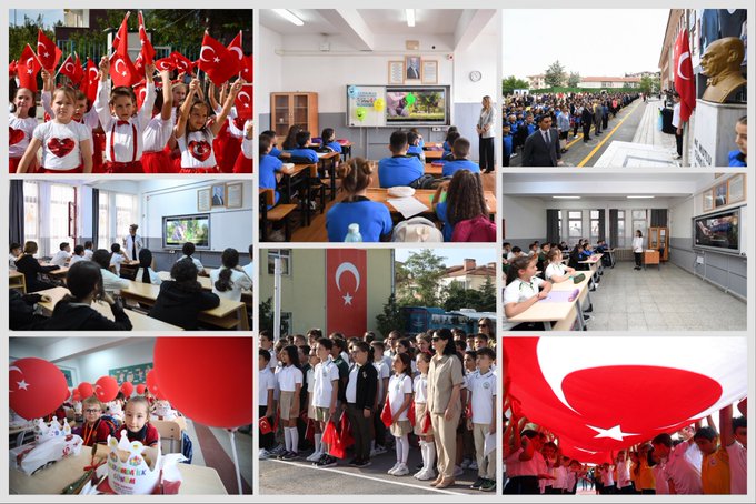 Students in classrooms holding Turkish flags, wearing red and white uniforms. Groups of children outside a school building with Turkish flags, participating in an assembly. Large red balloons with white crescents and stars visible, surrounded by students in uniforms. A classroom with a screen displaying a person, students seated at desks.