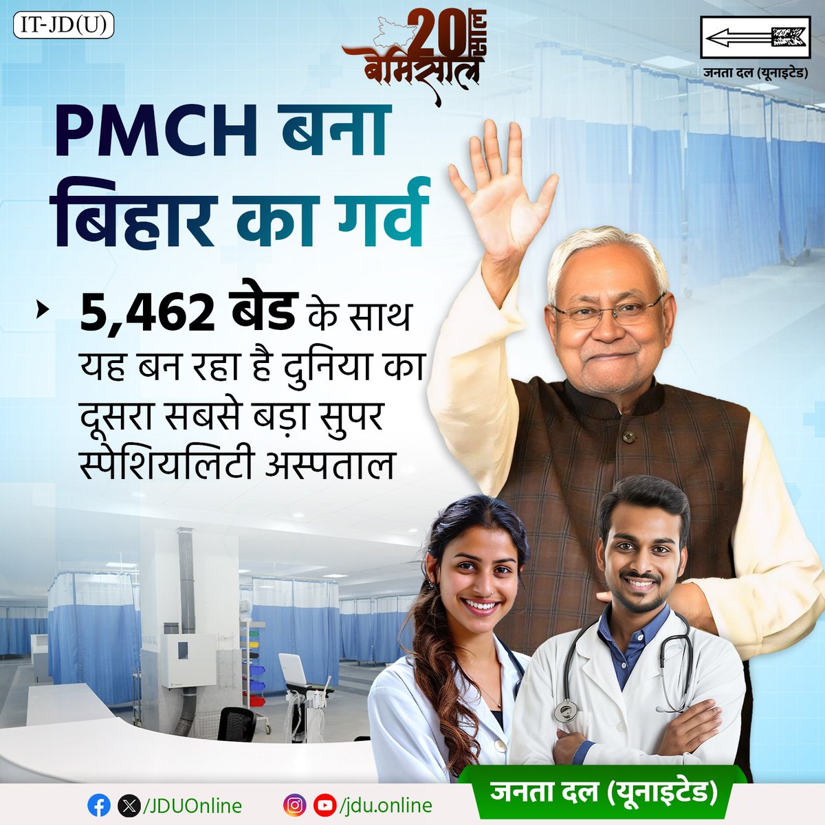 Jduonline's tweet photo. 5,462 बेड की क्षमता वाला PMCH दुनिया का दूसरा सबसे बड़ा सुपर स्पेशियलिटी अस्पताल होगा। अत्याधुनिक सुविधाओं से लैस यह अस्पताल बिहार में स्वास्थ्य सुविधाओं का एक मजबूत स्तम्भ है।
#JDU #NitishKumar #PMCH #WorldClassHealthcare #SuperSpecialityHospital https://t.co/nWouwLktqD