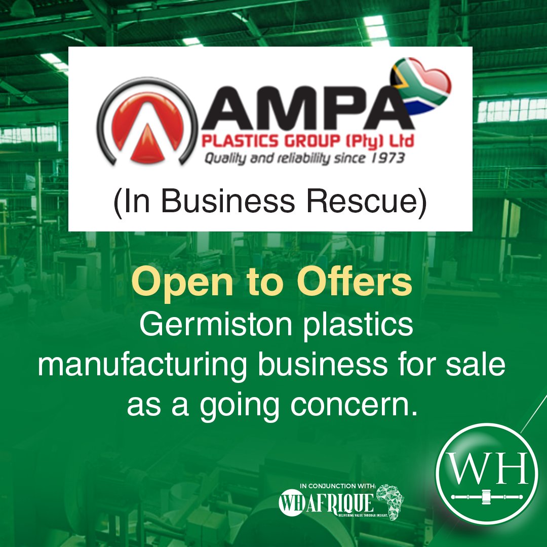 WHAuctions's tweet photo. Ampa Plastics Group (Pty) Ltd – in Business Rescue.
Modern plastics production facility available as a going concern.
📍 Germiston, Gauteng | Open to offers.
🔗 Info: https://t.co/Hc0jctvwuk 
🗣️ Interested parties to email Prelena at prelenan@wh.co.za or call 0115745700

#BusinessRescue #Manufacturing #Plastics