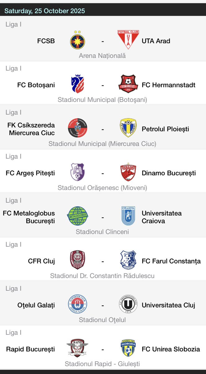 Looking for some advice from any experts on Romanian football - hoping to find out if there’s any idea which of these games on 25 Oct will be moved to the Sunday / Monday? <a href="/RoFtbl/">Romanian Football</a> <a href="/rofootballtalk/">Romanian Football Talk 🇷🇴</a> <a href="/Romanianfotball/">Romanian Football</a>
