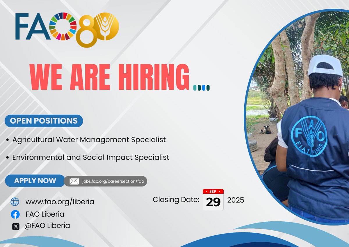 FAO Liberia is recruiting:

🔹 Agricultural Water Management Specialist
🔹 Environmental &amp; Social Impact Specialist

📍 Duration: 3 months
⏳ Application Deadline: 29 September 2025

Apply Here:

Environmental &amp; Social Impact Specialist: bit.ly/4pd07In

Agricultural