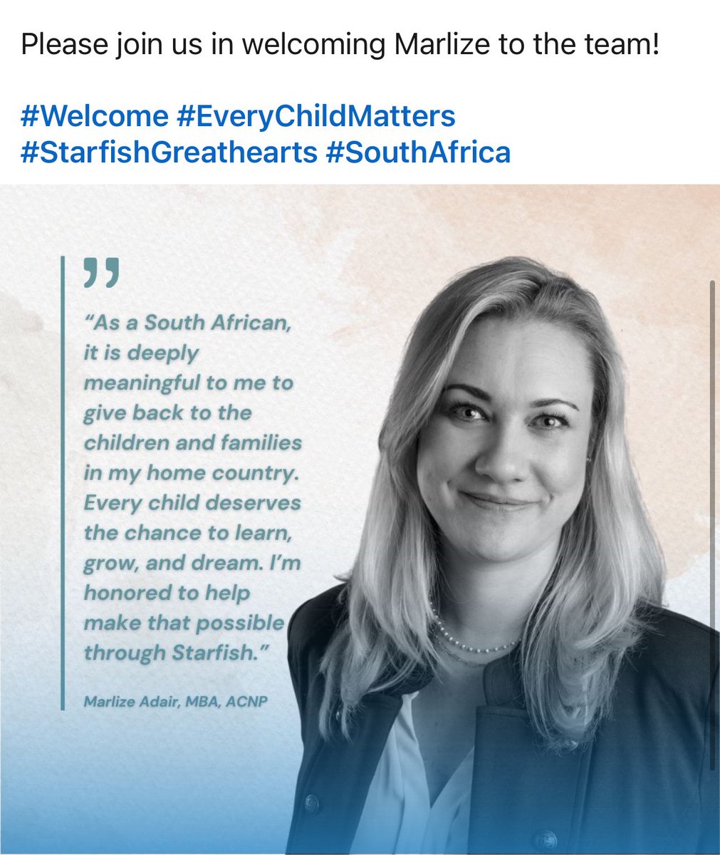 marlizeadair's tweet photo. Excited about this next chapter in my career with @StarfishAmerica and @starfishcharity. #SouthAfrica #philanthropy #nonprofit https://t.co/qv54nI0aQ9
