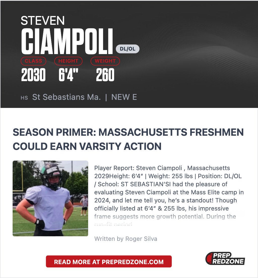 We have updated this report to reflect <a href="/Steven25024413/">Steven Ciampoli</a> year of graduation to be class of 2030 (8th grade)!!! He will be an Middle school 8th grader playing High School varsity  football in fall 2025.