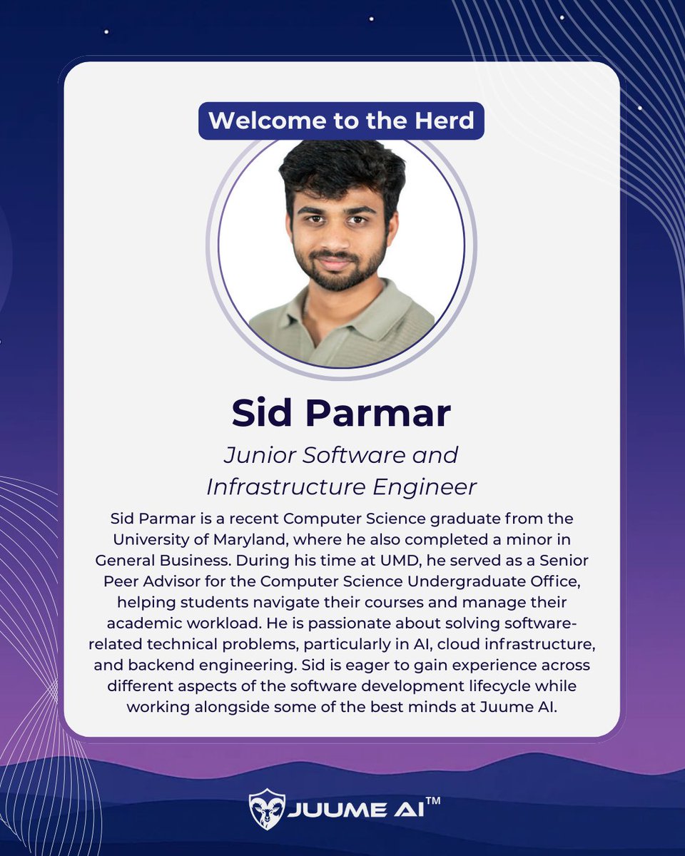 JuumeAI's tweet photo. Big welcome to Sid Parmar joining us as a Junior Software and Infrastructure Engineer at Juume AI™ 

New faces, new energy, and big things ahead for the herd 🐐💼 https://t.co/3rCOQJypr2