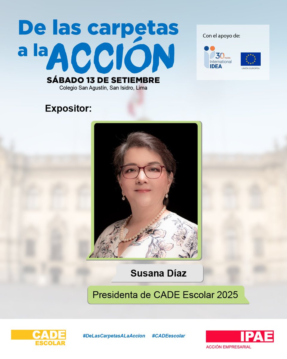 #CADEescolar 2025 | 💡 Susana Díaz (<a href="/sdiaztang/">Susana Díaz Tang de Ferreyra</a>), Presidenta de CADE Escolar 2025, nos invita a ser parte de la primera edición de este gran encuentro juvenil bajo el lema “De las carpetas a la acción”.

🌍 CADE Escolar 2025 es organizado por IPAE Acción Empresarial con el impulso