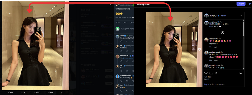 another catfish caught:

@shinystellachen pretending to be @ eunjin._.c and @ 365.00 (instagram username)

was very hard to actually catch this one mainly because every post was touched a little with AI to make it harder for image engines to research

this is 100% confirmed that