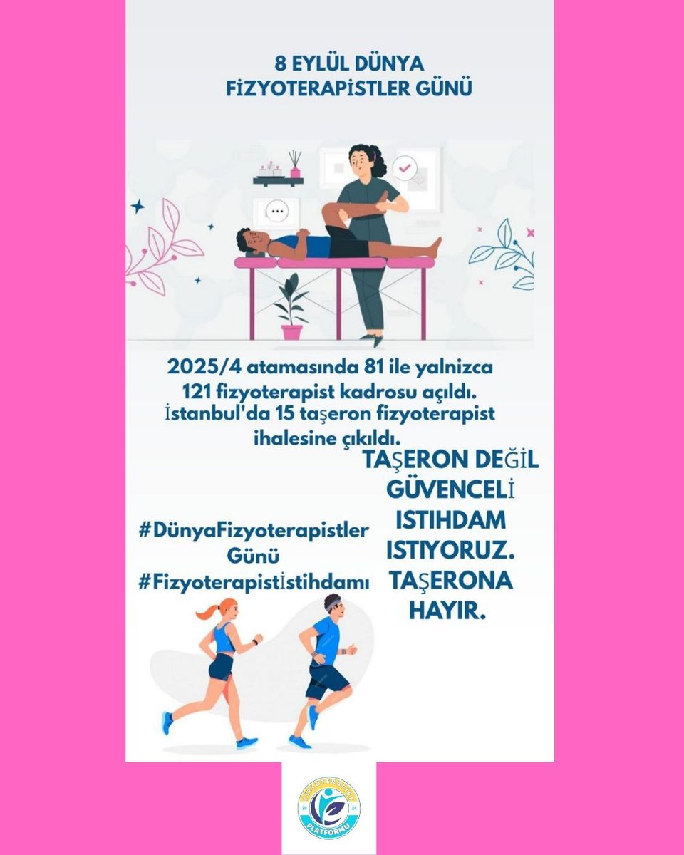 Çisem (@cisemtaskn) on Twitter photo Koruyucu sağlığın öneminden sıkça bahsedilen dönemde, halk sağlığını en çok destekleyen mesleklerden olan fizyoterapistler yok sayılıyor.
👉 2025/4 istihdamında yalnızca 121 fizyoterapist alındı.
Bu sayı halk sağlığı için yetersizdir.
<a href="/drmemisoglu/">Prof. Dr. Kemal Memişoğlu</a>
#FizyoterapistlerGünü Koruyucu sağlığın öneminden sıkça bahsedilen dönemde, halk sağlığını en çok destekleyen mesleklerden olan fizyoterapistler yok sayılıyor.
👉 2025/4 istihdamında yalnızca 121 fizyoterapist alındı.
Bu sayı halk sağlığı için yetersizdir.
<a href="/drmemisoglu/">Prof. Dr. Kemal Memişoğlu</a>
#FizyoterapistlerGünü