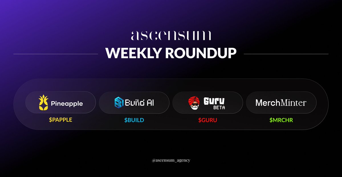 Ascensum Agency (@ascensum_agency) on Twitter photo Ascensum Weekly Impact Thread!
Every week from now, we’ll spotlight what some of our clients have been building, launching & achieving.
From product updates to growth milestones, here’s a roundup of the latest moves👇
$PAPPLE, $BUILD, $GURU, $MRCHR Ascensum Weekly Impact Thread!
Every week from now, we’ll spotlight what some of our clients have been building, launching & achieving.
From product updates to growth milestones, here’s a roundup of the latest moves👇
$PAPPLE, $BUILD, $GURU, $MRCHR