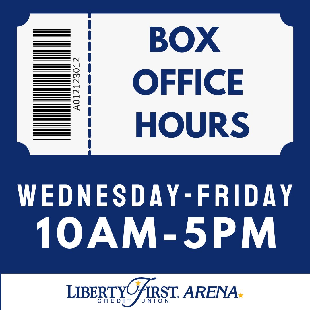 🎟️ NEW BOX OFFICE HOURS 🎟️ 

The Liberty First Credit Union Arena Box Office will be open Wednesday-Friday 10am-5pm starting this week!

The box office will open 2️⃣ hours prior to event start on weekend event days