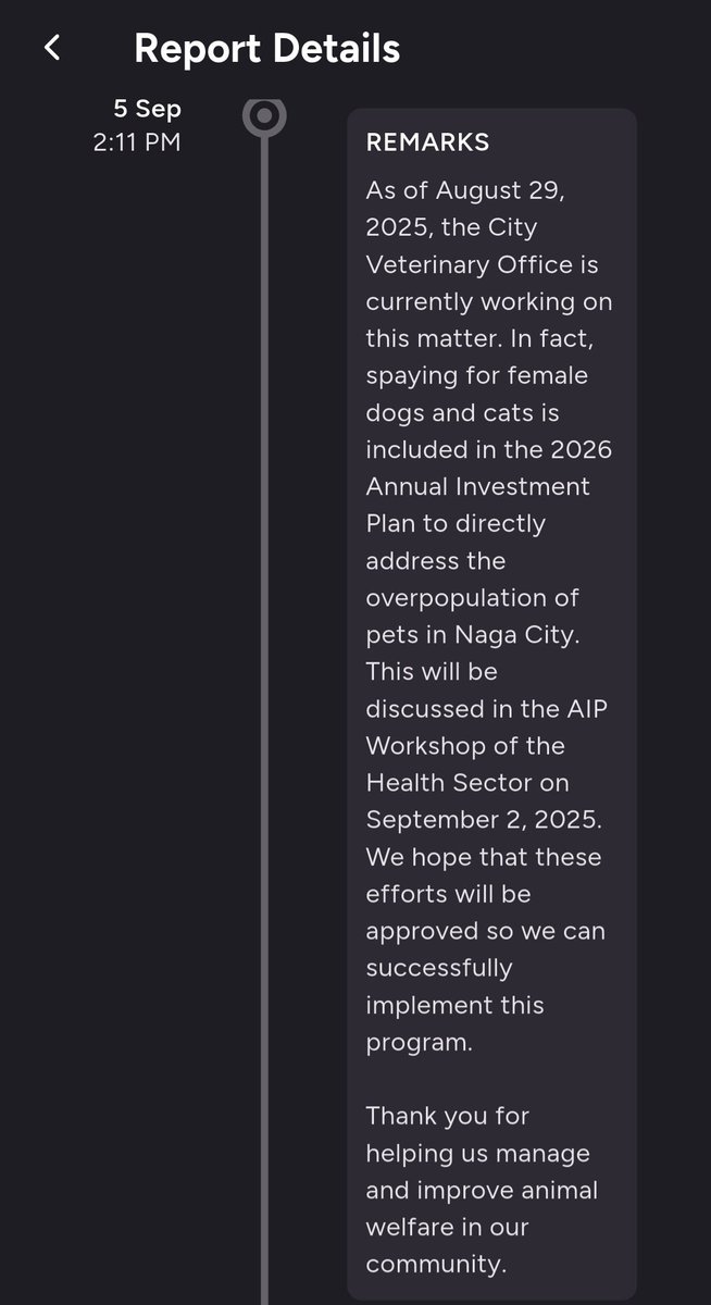 Stephhhiy's tweet photo. I filed a report on August 25, 2025 on MyNaga app about low cost/free spaying of female dogs and cats.

They responded to me on September 5, 2025.

They mentioned that it is already included in 2026 Annual Investment Plan to address the overpopulation of pets in Naga City. 🥰 https://t.co/fmB9QNV6cQ
