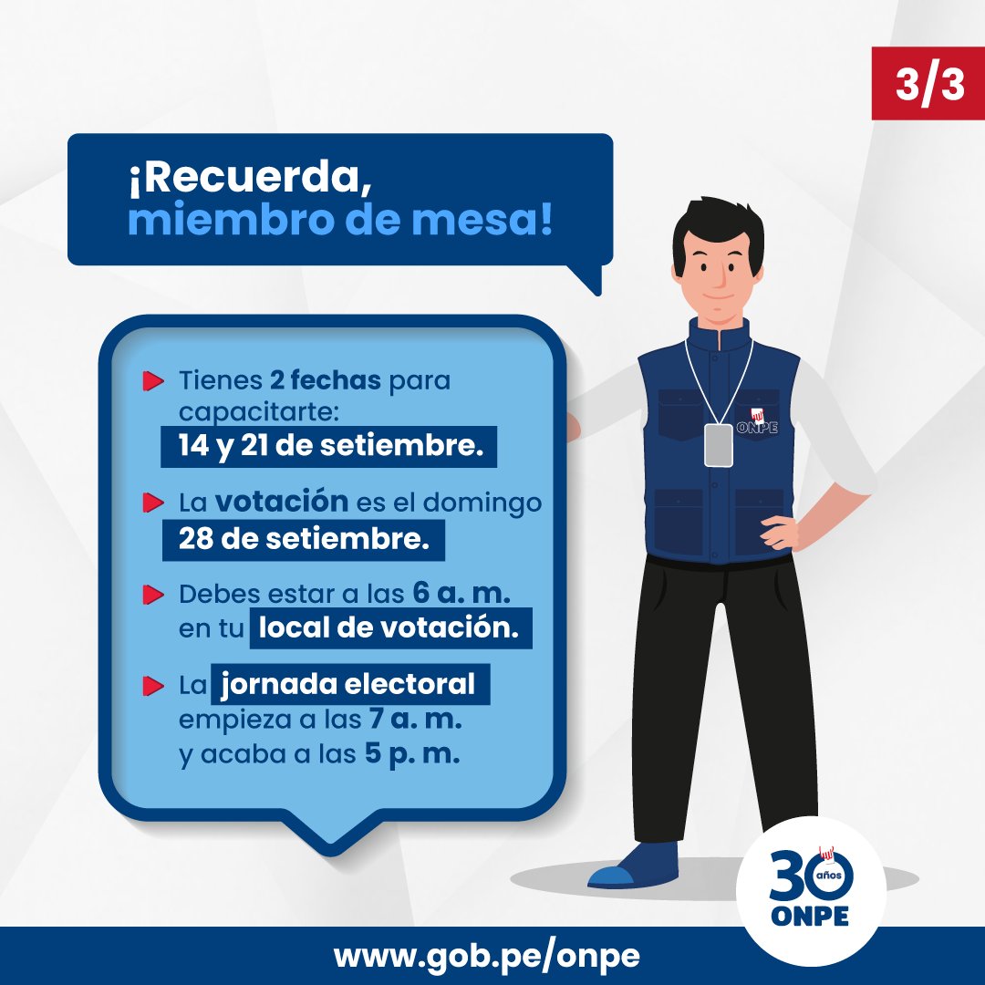 🙋🏻‍♀️🙋🏻‍♂️ La participación de los miembros de mesa es fundamental en las Elecciones Municipales Complementarias (EMC) 2025 del 28 de setiembre en Pion y Ninabamba (Cajamarca). 🗳️

🤔💭 ¿Sabes cuáles son sus principales funciones? Aquí te las contamos. 👇

#EMC2025 #ONPEenRegiones