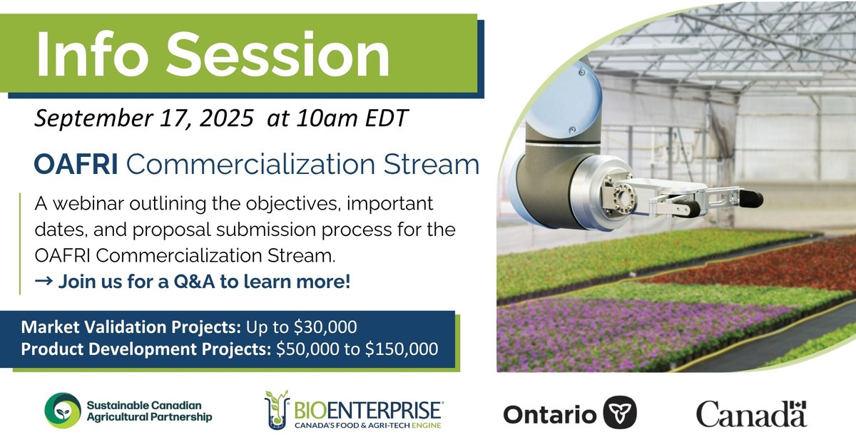 BioenterpriseCA's tweet photo. Join the Virtual Info Session on Sept 17 to learn about OAFRI! This webinar will outline everything you need to know about the Initiative and include a Q&A session with program administrators. Sign up ➡️ https://t.co/d0xrwXTy2c
#SustainableCdnAg #AgCanDurable https://t.co/pQTkxNUiK2